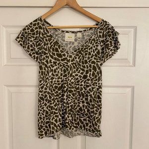 Maeve by Anthropologie, Short Sleeve Top, Green and White Print, Size L
